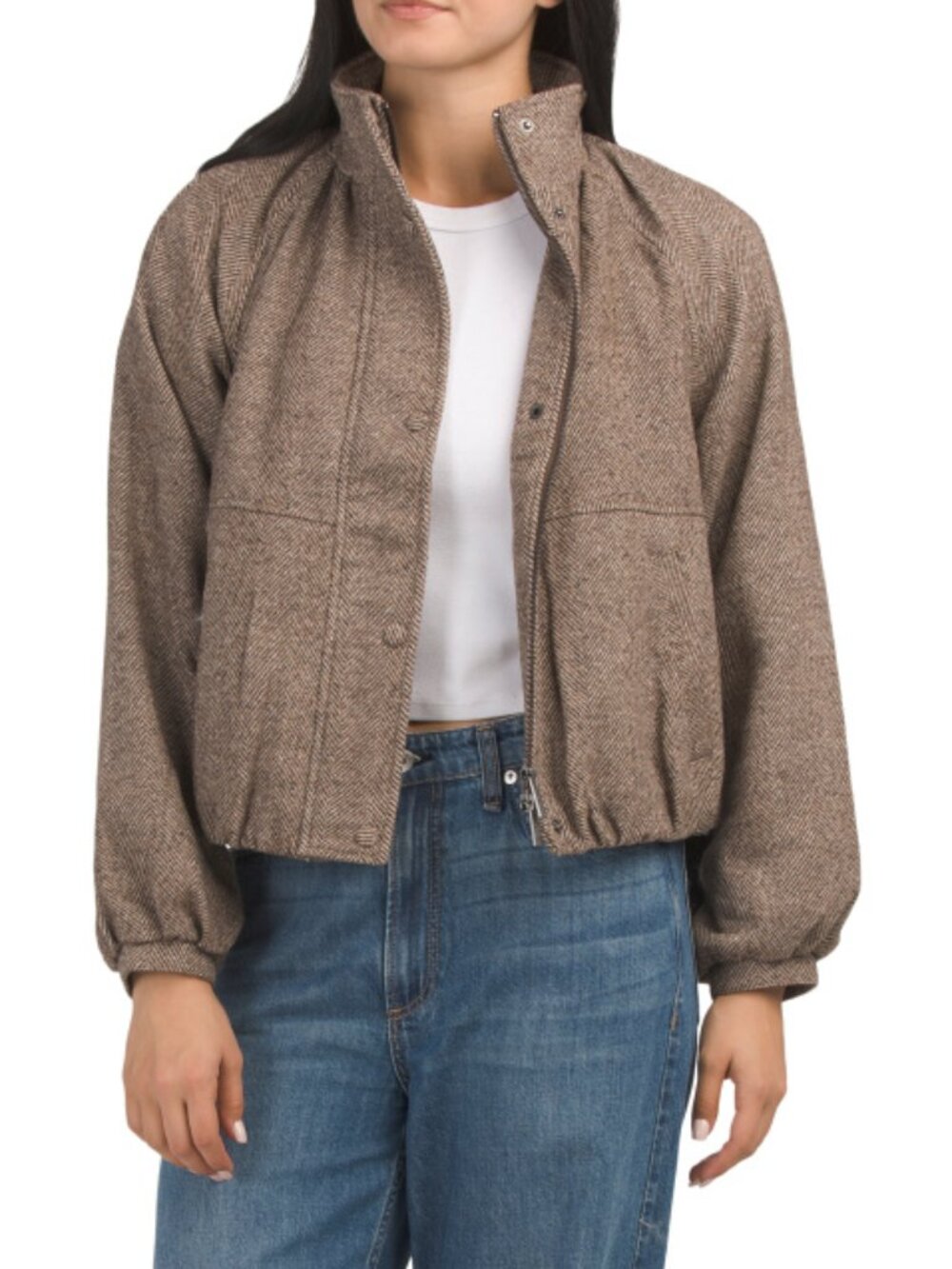 BAGATELLE COLLECTION Wool Blend High Funnel Neck Balloon Sleeve Bomber Jacket